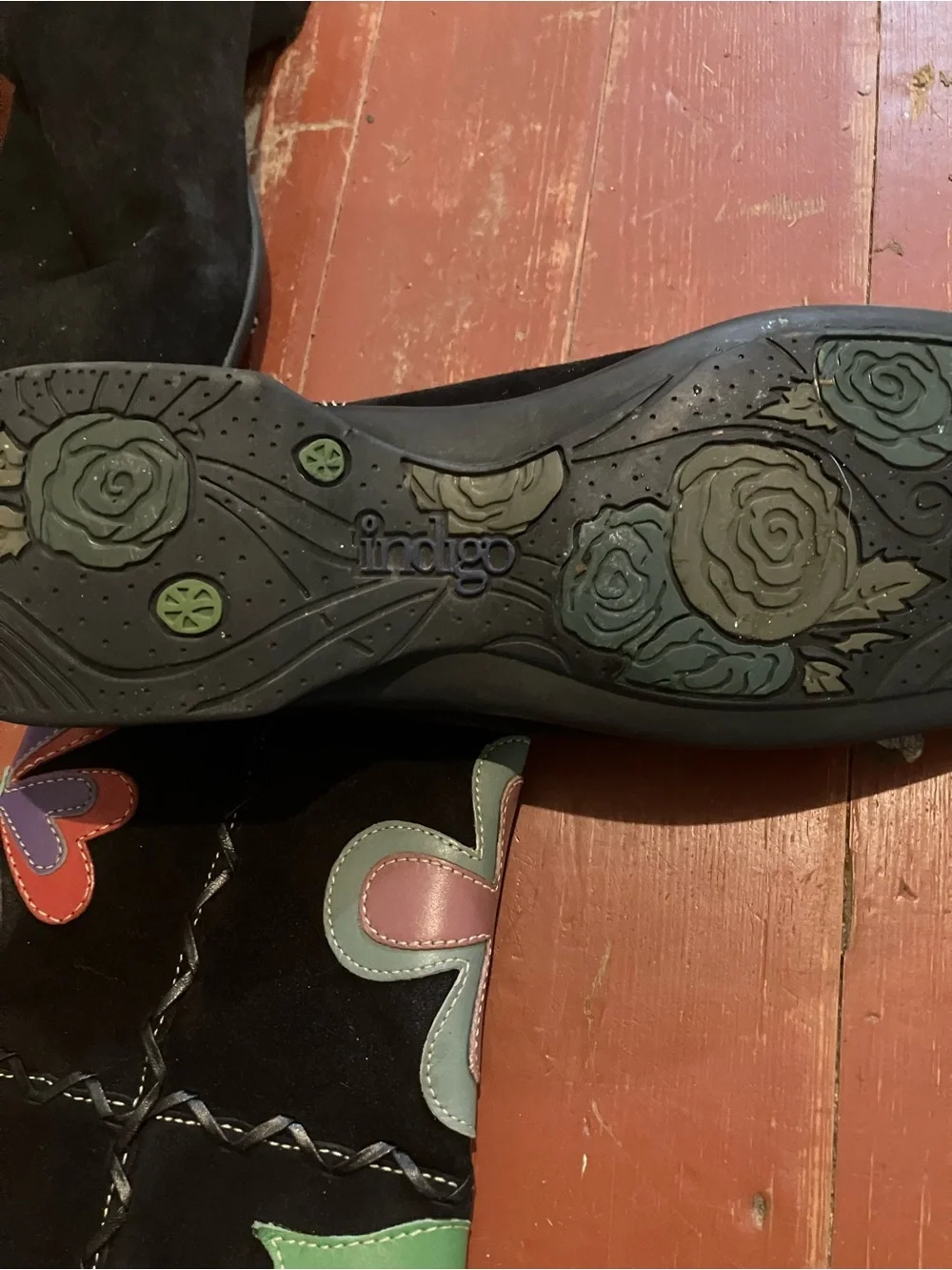 Indigo Black Suede Boots with Green and Brown Flower Appliqués